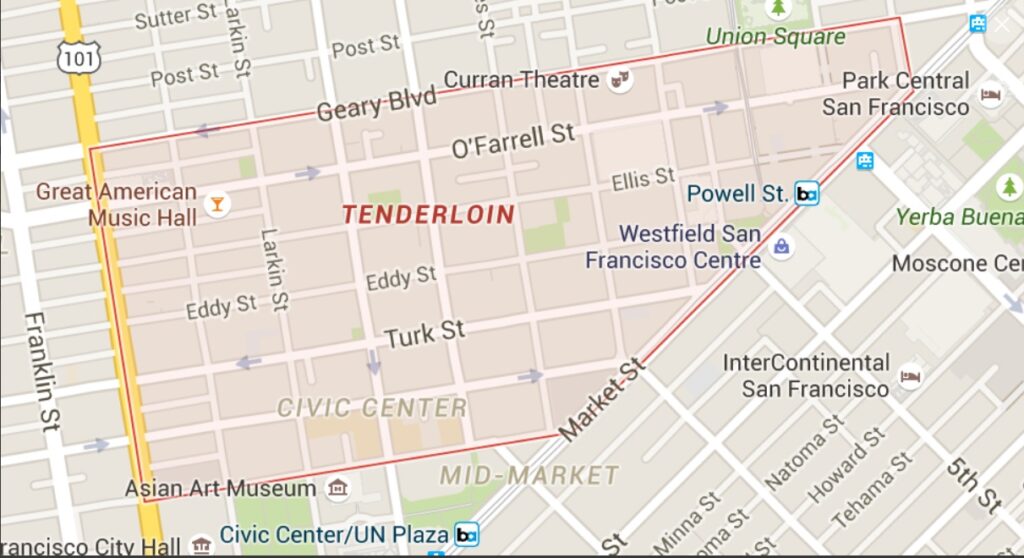 Map of Tenderloin in San Francisco. It is a poor neighborhood, not a dangerous one.